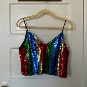 Sequin Rainbow Striped V-Neck Crop Tank Top